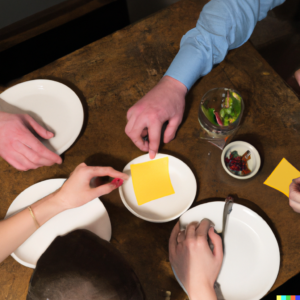 A plate of post-it notes are reviewed by three people